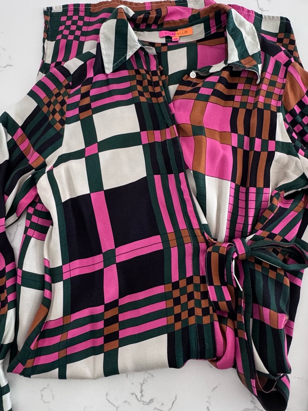 Vilagallo Esther Dress EU 42 Plaid Wrap Shirt Dress Pink Green Side Slit - Picture 4 of 6